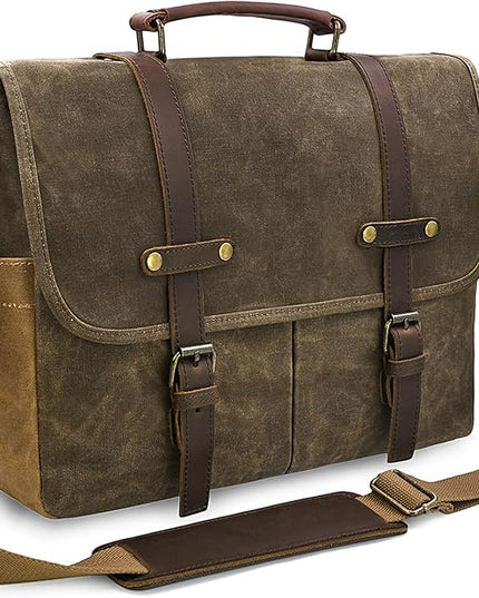 Mens Messenger Bag 15.6 Inch Waterproof Vintage Genuine Leather Waxed Canvas Briefcase Large Leather Computer Laptop Bag Rugged Satchel Shoulder Bag, Coffee