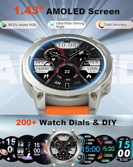 Smart Watch for Men GPS Fitness: 1.43" AMOLED Military Make Answer Call Running Digital Mens Watches Waterproof Smartwatch Android Phone iPhone Samsung Compatible Step Tracker SpO2 Heart Rate Monitor