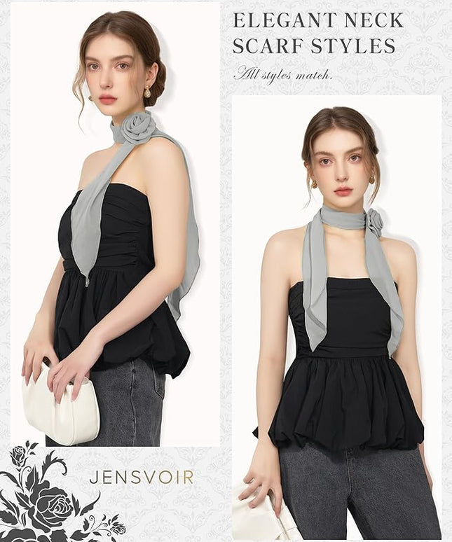 Chiffon Scarf for Women, Removable Flower Neck Scarf Light Soft Fashion Rose Scarves Versatile Headband or Hair Band