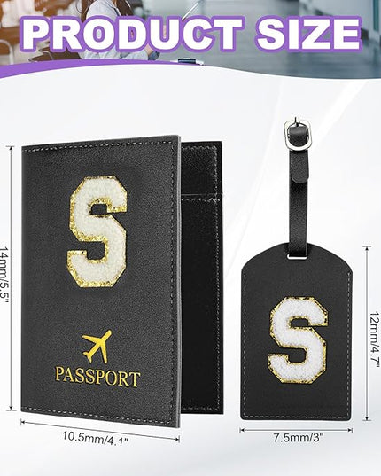 PATIKIL Passport Holder for Travel, Initial Passport Cover and Luggage Tag Set with Alphabet Chenille Letter Patch Travel Wallet Bag Suitcase Identifier for Women Family Travel Black S