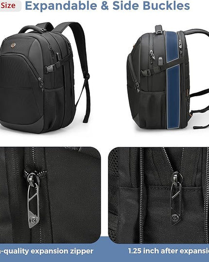 Swissdigital Design Travel Laptop Backpack, 35L Expandable Large College Laptops Backpack with USB Charging Port for Men and Women Fits 17 Inch Notebook, Black | SD1671-01