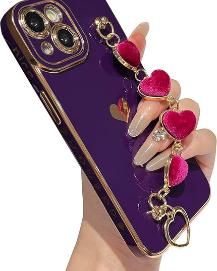 Caseative for iPhone 14 Case,Cute Plating Love Heart Wrist Strap Chain Bracelet Phone Case (Purple)