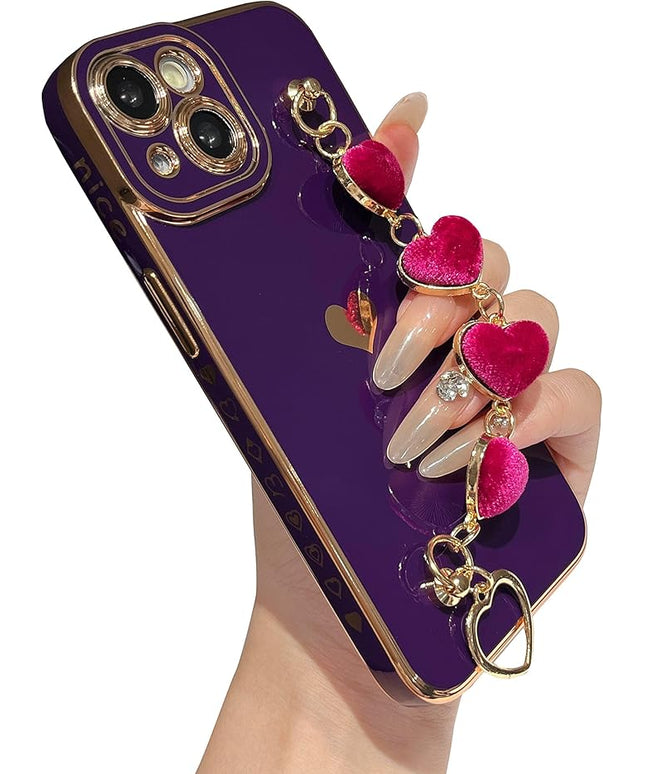 Caseative for iPhone 14 Case,Cute Plating Love Heart Wrist Strap Chain Bracelet Phone Case (Purple)
