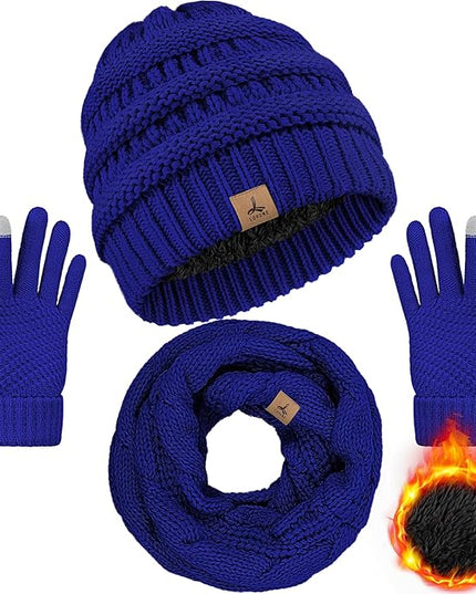 Winter Beanie Hat Scarf Gloves, Warm Fleece Knit Hats Touch Screen Gloves Neck Scarf Set Winter Gifts for Unisex Adult