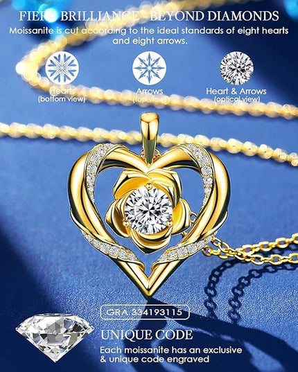 Beam & Bask Rose Flower Heart Moissanite Necklaces for Wife, S925 Silver Pendant for Women, 18K Gold Plated Jewelry for Her Girlfriend Mom for Anniversary Birthday