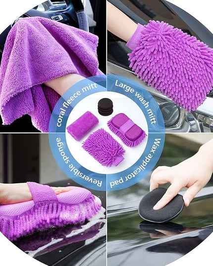 AUTODECO 22Pcs Car Wash Cleaning Tools Kit Car Detailing Set with Canvas Bag Purple Collapsible Bucket Wash Mitt Sponge Towels Tire Brush Window Scraper Duster Complete Interior Car Care Kit