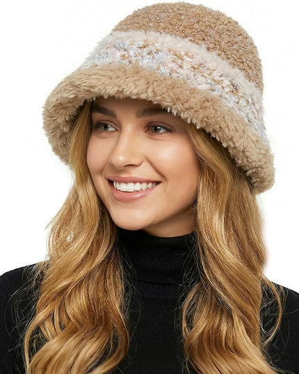 YI HENG MEI Women Knit Bucket Hat, Fluffy Winter Fisherman Hat Fuzzy Soft Warm Beanie Caps Women Cloche Caps Warm Bowler Hats