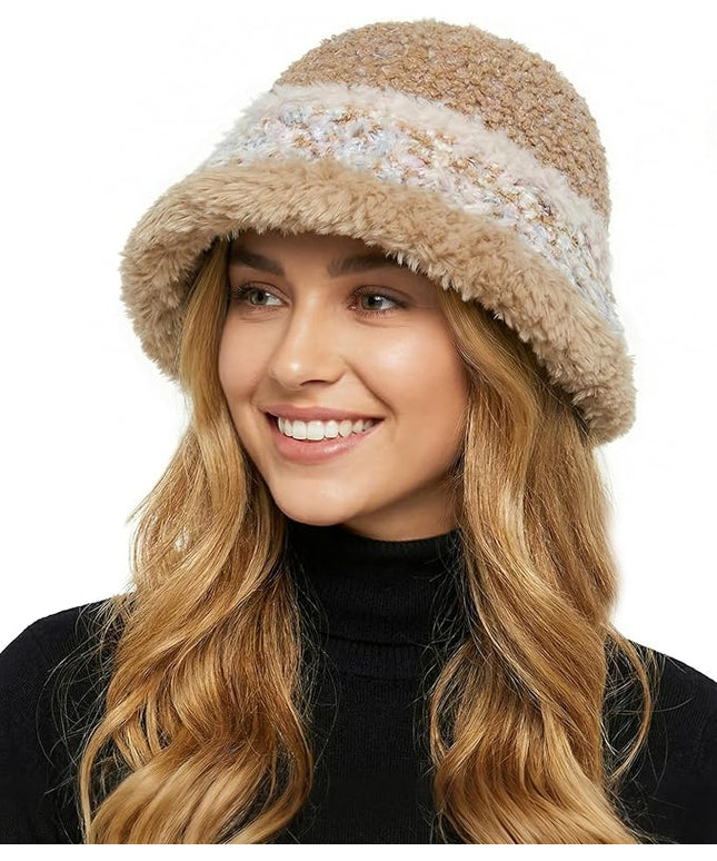 YI HENG MEI Women Knit Bucket Hat, Fluffy Winter Fisherman Hat Fuzzy Soft Warm Beanie Caps Women Cloche Caps Warm Bowler Hats