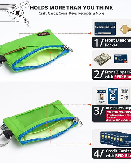 RFID Travel Wallet with Adjustable Lanyard-Zipper Small Wallet with ID Card Holder, Keychain for women&men-Minimalist Slim Waterproof Nylon case for ID, Cash, Key (Green)
