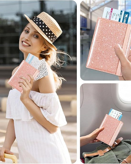 ACdream RFID BLOCKING Passport Holder Travel Wallet, Premium PU Leather Cover Passport Book with Card Holder, Pen Holder, Keep Organization, and Travel Essentials for Women and Men, Glitter Rose