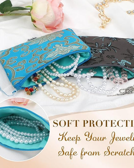 kilofly 2 pc Chinese Silk Brocade Padded Tassel Zipper Jewelry Bag Gift Pouch set2 B