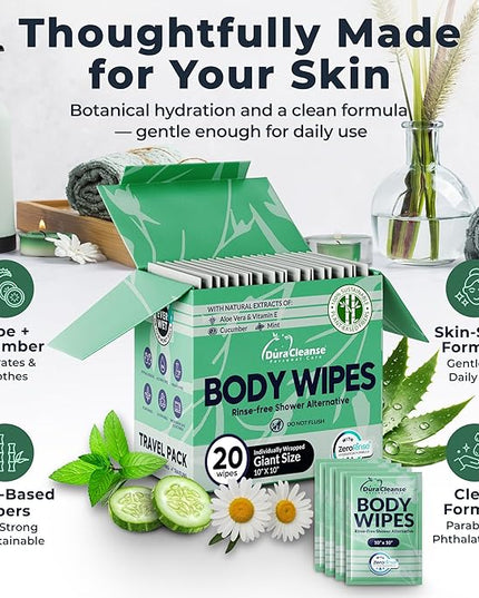 Travel Body Wipes for Women - 20 XL Shower Wipes for Adults Bathing No Rinse - Individually Wrapped 10”x10” Disposable Washcloths - Feminine Hygiene Essentials, Gym, Backpacking, Camping Must Haves
