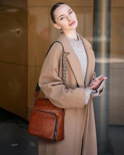 Iswee Leather Crossbody Bags for Women Multi Pockets Medium Shoulder Bag Lightweight Functional Travel Purse