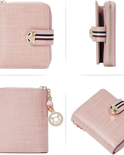 FOXLOVER Genuine Leather Zip Small Wallet Women RFID Blocking Credit Card Bifold Wallet Business Card Holder with ID Window(Pink)