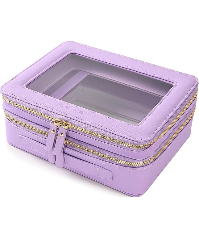 Aveniee Clear Makeup Bags, Double Layer Cosmetic Bags with a Separate Brush Compartment, Large Travel Toiletry Bag Train Case for Women, Travel Accessories Organizer.2 Layers Large, Lilac