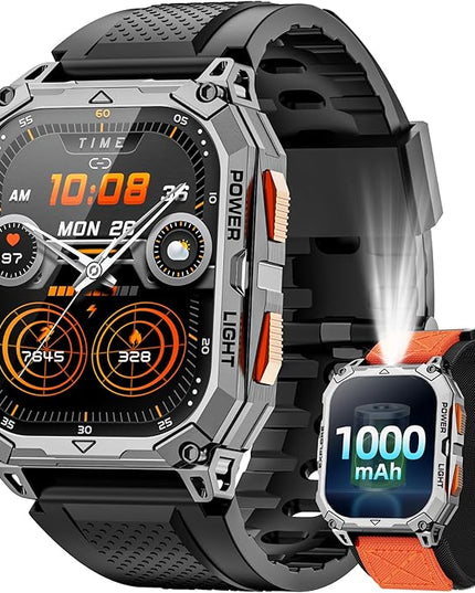 Military Smart Watches for Men, 2.01" HD Smartwatch with 1000 mAh Battery/2 Straps/Answer/Make Call/Led Flashlight/Heart Rate/Sleep Monitor, 100+ Sport Modes Fitness Tracker for Android/iPhone