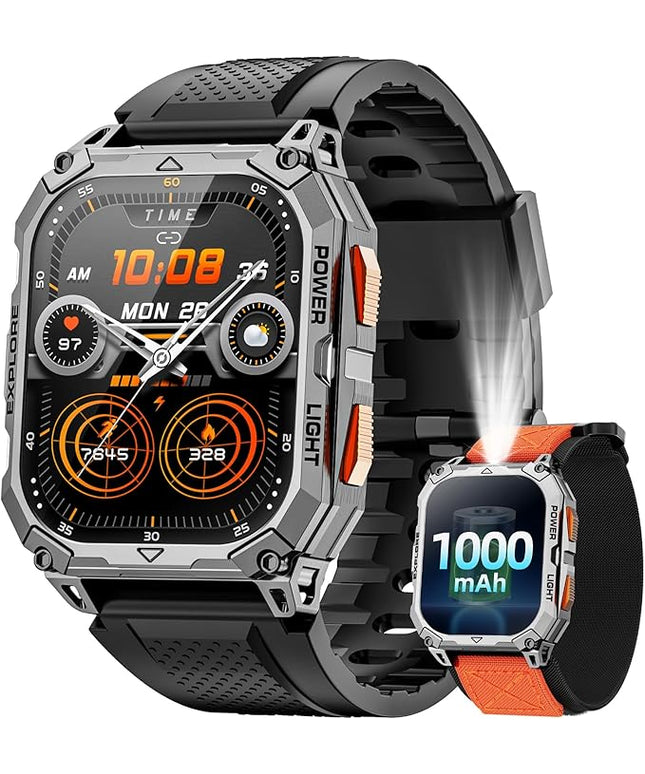Military Smart Watches for Men, 2.01" HD Smartwatch with 1000 mAh Battery/2 Straps/Answer/Make Call/Led Flashlight/Heart Rate/Sleep Monitor, 100+ Sport Modes Fitness Tracker for Android/iPhone