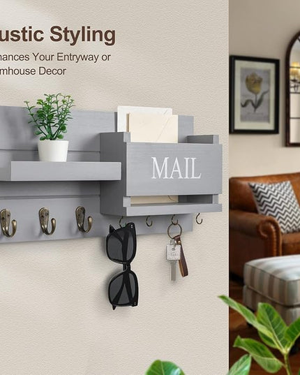 Lwenki Mail Organizer for Wall Mount – Key Holder with Shelf Includes Letter Holder and Hooks for Hallway Farmhouse Decor – Rustic Wood with Flush Mounting Hardware (16.5” x 9.1” x 3.4”) (Gray)