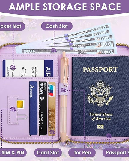 Passport Holder, Passport Holder For Travel, Passport Cover For Travel Essentials, Passport Wallet Cover RFID Blocking, Cute Passport Book for Women and Men, Purple Flowers