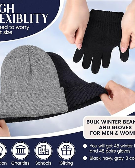 Tarpop 96 Pcs Winter Beanies and Gloves Bulk, Cold Weather Unisex Winter Hat and Gloves for Homeless Men Women