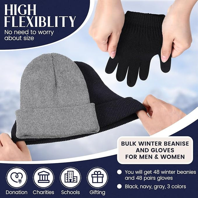 Tarpop 96 Pcs Winter Beanies and Gloves Bulk, Cold Weather Unisex Winter Hat and Gloves for Homeless Men Women
