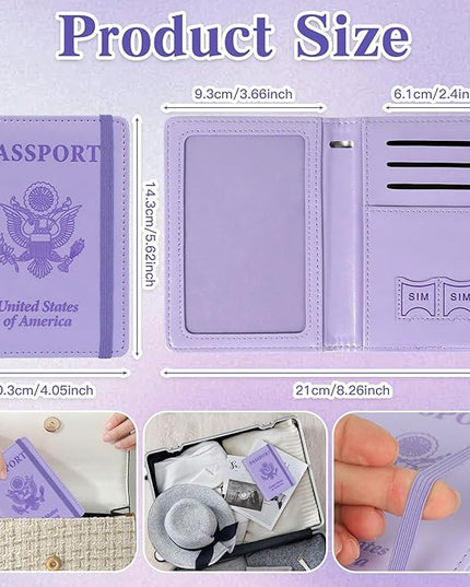 Passport Holder for Travel, RFID Blocking Passport Cover with Pen Holder Leather Passport Wallet Case Travel Must Haves Accessories Passport Book Card Holder for Family Travel Essentials Gifts, Purple