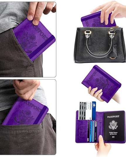 WALNEW Passport Holder for Travel, RFID Passport Cover Wallet for Women Men, PU Leather Passport Book Card Holder Case with Pen (Elastic Band Closure, A-Purple)