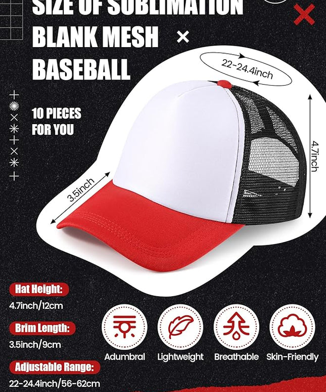 10 Pcs Sublimation Blank Trucker Hats Bulk Mesh Baseball Cap Polyester Mesh Trucker Hat for Men and Women