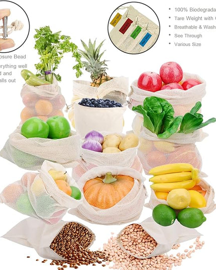 Reusable Produce Bags - Organic Cotton Mesh Bags with Drawstring for Onions, Vegetables & Fruit (12 Pack)