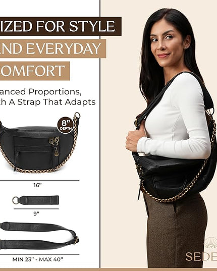 Anti Pickpocket Crossbody Bag – Large Vegan Black Leather Sling Bag with RFID & Glasses Pockets, Anti Theft Design, Multiple Compartments, Chain Detail Travel Crossbody Bag for Women