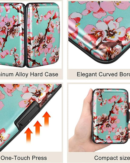 ELFISH Mini RFID Aluminum Wallet Credit Cards Holder Business Card Case Metal ID Case for Men Women（Pink Peach Blossom