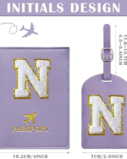 COSHAYSOO Purple Passport Cover and Luggage Tag Set TSA Approved with Her Initial Chenille Letter Patch, Trending Traveling Bag Backpack Suitcase Identifier Birthday Gifts for Women Girls (N)