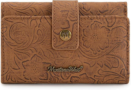Montana West Brown Wallets for Women Embossed Floral Wallet Womens Trifold Small Wallets Woman Card Cash Wallet Ladies Female RFID Wallets with ID Window