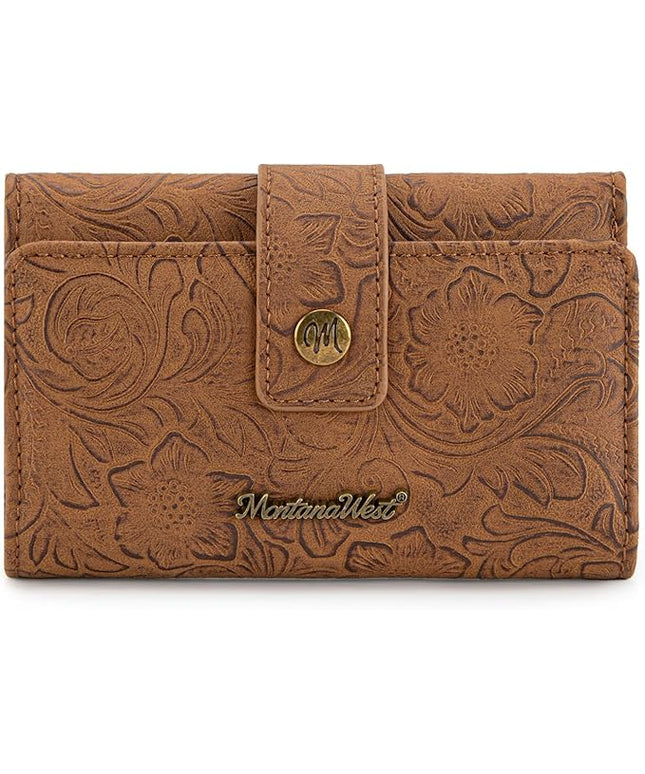 Montana West Brown Wallets for Women Embossed Floral Wallet Womens Trifold Small Wallets Woman Card Cash Wallet Ladies Female RFID Wallets with ID Window