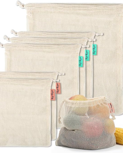 KerKoor Reusable Cotton Mesh Produce Bags - Produce Storage, Vegetable & Fruit Bags (6 Pack)