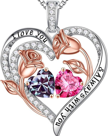 Iefil Christmas Gifts for Women Wife - 925 Sterling Silver Rose Heart Birthstone Necklace Birthday Anniversary Jewelry Gifts for Her Wife Mom Daughter