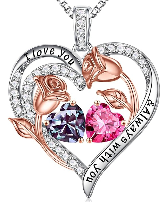 Iefil Christmas Gifts for Women Wife - 925 Sterling Silver Rose Heart Birthstone Necklace Birthday Anniversary Jewelry Gifts for Her Wife Mom Daughter