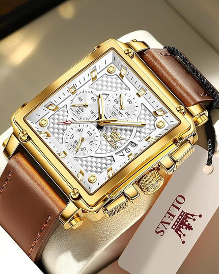 OLEVS Men's Chronograph Leather Watch, Big Face Easy to Read Analog Quartz Dress Watch, Casual Waterproof Luminous Hands Date Watches for Men, White/Blue/Black/Gold Dial