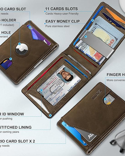 miyozi Airtag Wallet for Men,with Money Clip 11 Cards Slim Front Pocket Leather RFID Blocking Wallet with Gift Box