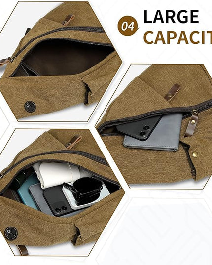 Vintage Canvas Sling Bag with Genuine Leather Zipper, 3 in 1 Crossbody, Backpack, and Chest Bag, for Travel, Hiking, 16x10x6 Inches, Coffee
