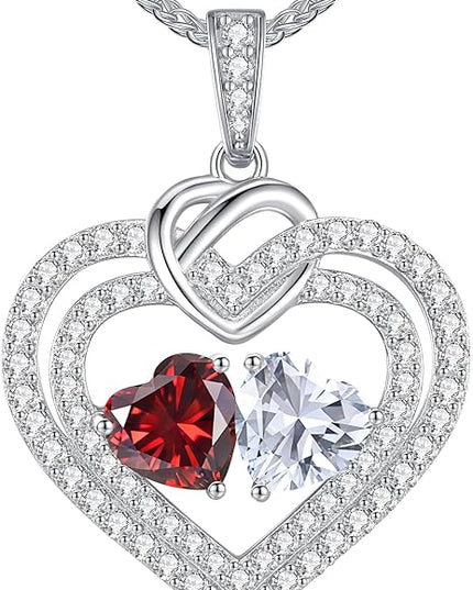 LOUISA SECRET Sparkling Double Heart Birthstone Necklaces for Women, 925 Sterling Silver Fine Jewelry, Pendant Heart Necklaces Birthday Anniversary Christmas Gift for Women Wife Mom Girlfriend Lady