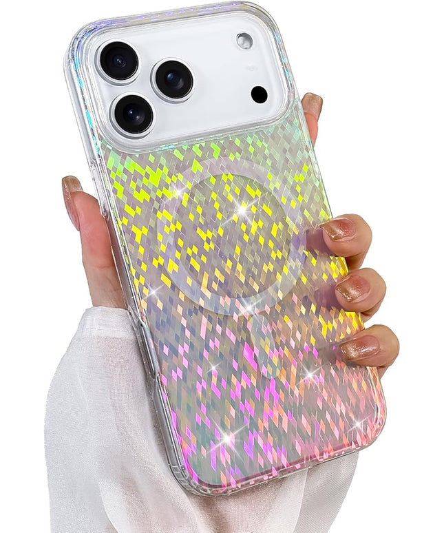 Glitter Case for iPhone 17 Pro Case for Women Girls [Compatible with Magsafe] Clear Cute Girly Aesthetic Colorful Iridescent Rainbow Sparkly Sparkle Bling Magnetic Protective Phone Cover