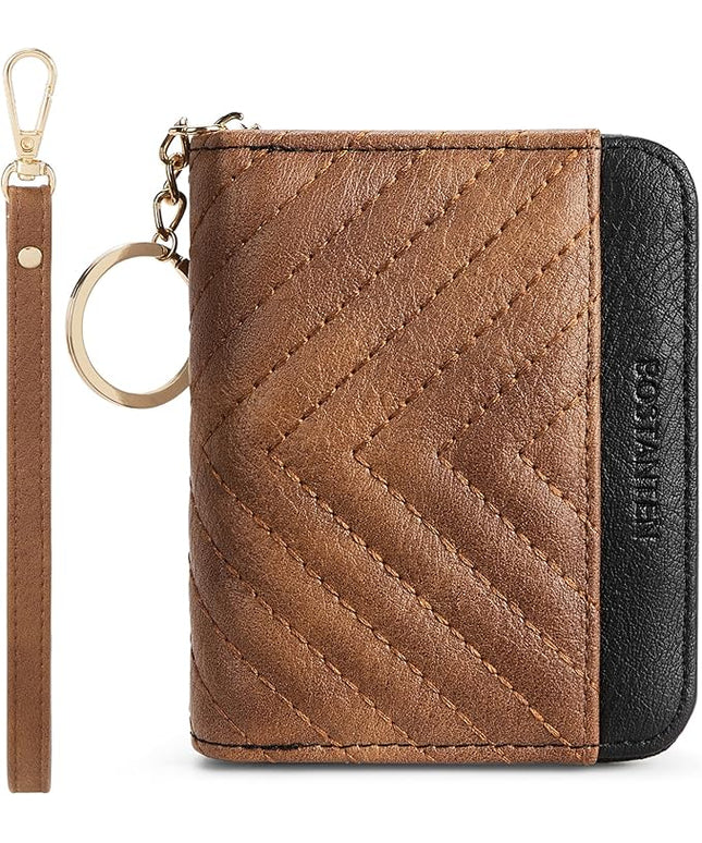 BOSTANTEN Credit Card Holder Wallet RFID Blocking Leather Small Wallet for Women Zipper Keychain Wallet with Wristlet Brown＆Black