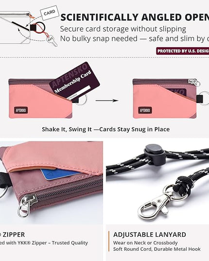 RFID Travel Wallet with Adjustable Lanyard-Zipper Small Wallet with ID Card Holder, Keychain for women&men-Minimalist Slim Waterproof Nylon case for ID, Cash, Key (CoralBlush+Mauve)