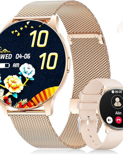 LIGE Smart Watch for Women, 1.43" AMOLED Screen Smartwatch with Answer/Make Call for iPhone/Android/Samsung, Fitness Tracker with 120+ Sport Modes, Sleep/Health Monitor, IP68 Waterproof, 2 Bands,Gold