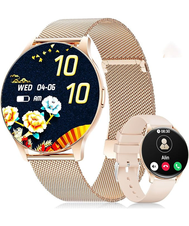 LIGE Smart Watch for Women, 1.43" AMOLED Screen Smartwatch with Answer/Make Call for iPhone/Android/Samsung, Fitness Tracker with 120+ Sport Modes, Sleep/Health Monitor, IP68 Waterproof, 2 Bands,Gold