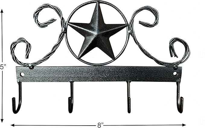 EcoRise Black Texas Country Western Key Holder - Rustic Wall Décor Key Hanger for Home, Vintage Metal Key Hangers for Wall, Star Key Rack Hook Wall Holders, Multiple Hooks for Keys (Black)