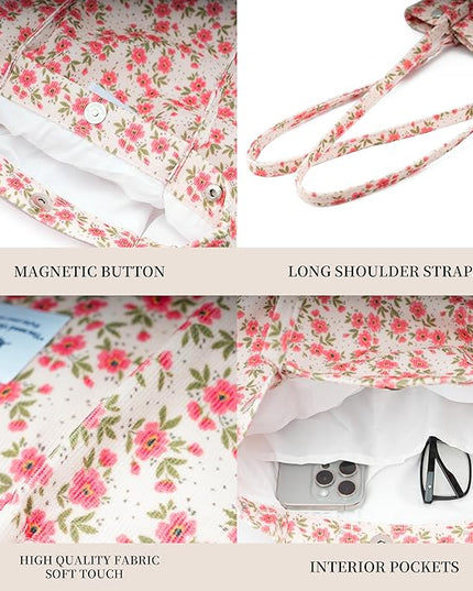 Corduroy Tote Bag Cute Tote Bags for Women Shoulder Bag with Inner Pocket for Work Beach Travel and Shopping Grocery