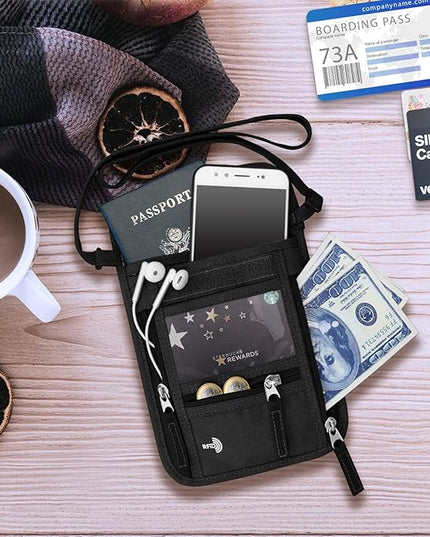 WALNEW Passport Holder Neck Pouch Travel Wallet for Women and Men, RFID Blocking Security Slim Traveling Wallet with Around Neck Lanyard Strap