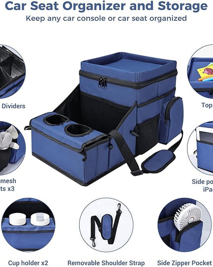 COOLBEBE Car Seat Organizer, Backseat Car Organizer with Cup Holders for Kids and Adults Travel, Cooler Compartment Passenger Seat Organizer Storage Box for Front or Middle Seat, Navy Blue
